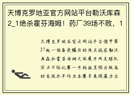 天博克罗地亚官方网站平台勒沃库森2_1绝杀霍芬海姆！药厂39场不败，13分优势领跑德甲！ - 副本