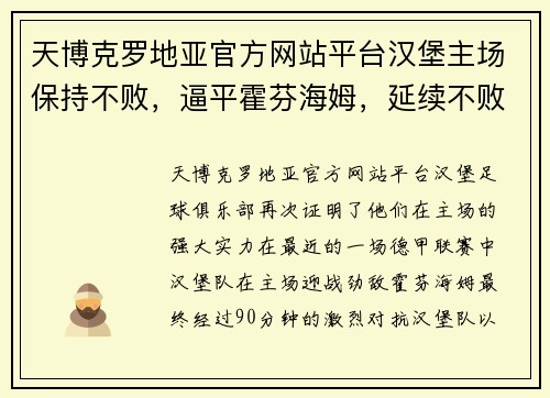 天博克罗地亚官方网站平台汉堡主场保持不败，逼平霍芬海姆，延续不败纪录 - 副本